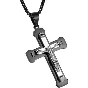 Black Jesus Steel Necklace Silver Gold Black Multicolor Cross, 22 + 2 Inch Chain